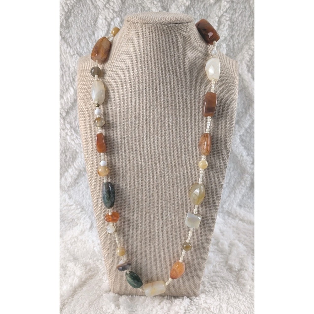 Vintage Natural Stone Bead Necklace Long Multicolor Agate Carnelian 34"‎ Boho
